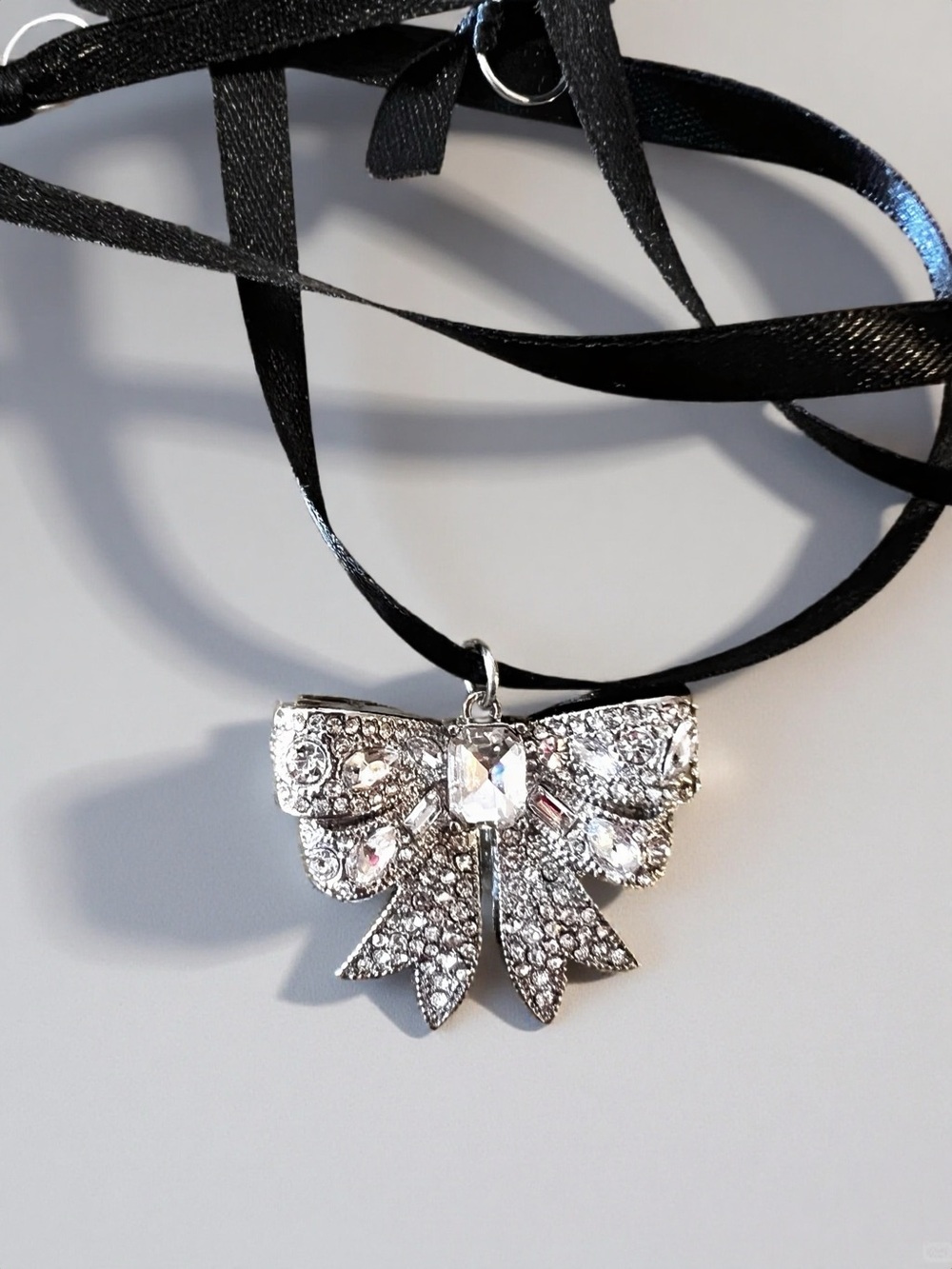 Gorgeous Silver Crystal Bow Pendant Necklace
